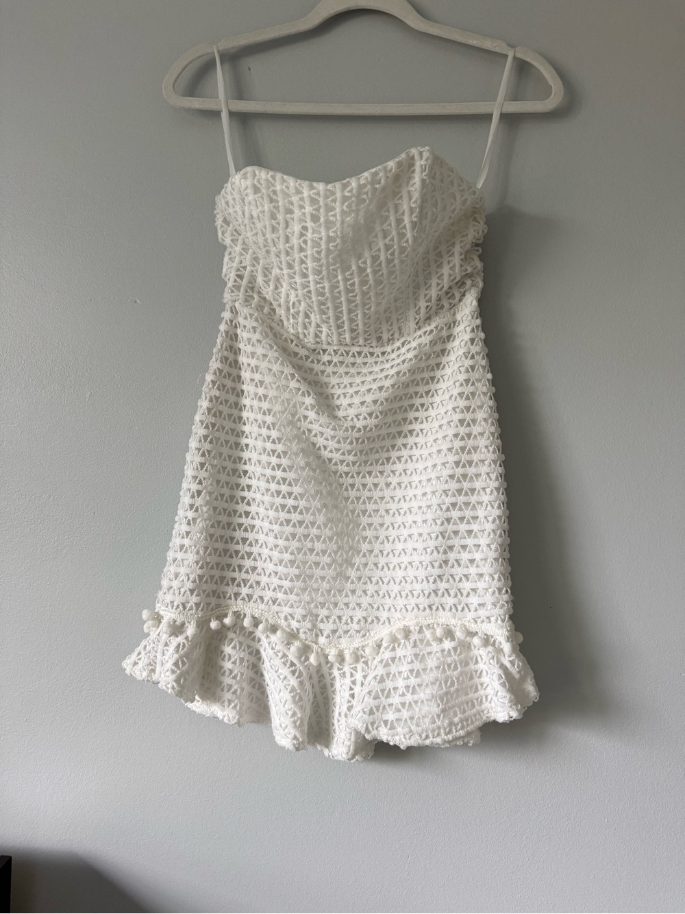 Selfie Leslie White Crochet Mini Dress with Ruffle Hem